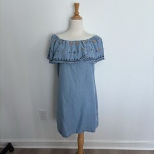 Neiman Marcus Womens Dress Size 6 Light Blue Off The Shoulder Embroidered Boho